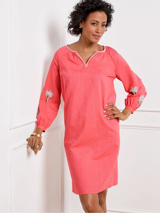 Talbots Dresses & Skirts - Talbots Linen Blend Shift Dress Size S Petite Palm Tree Embellished Coral NWT